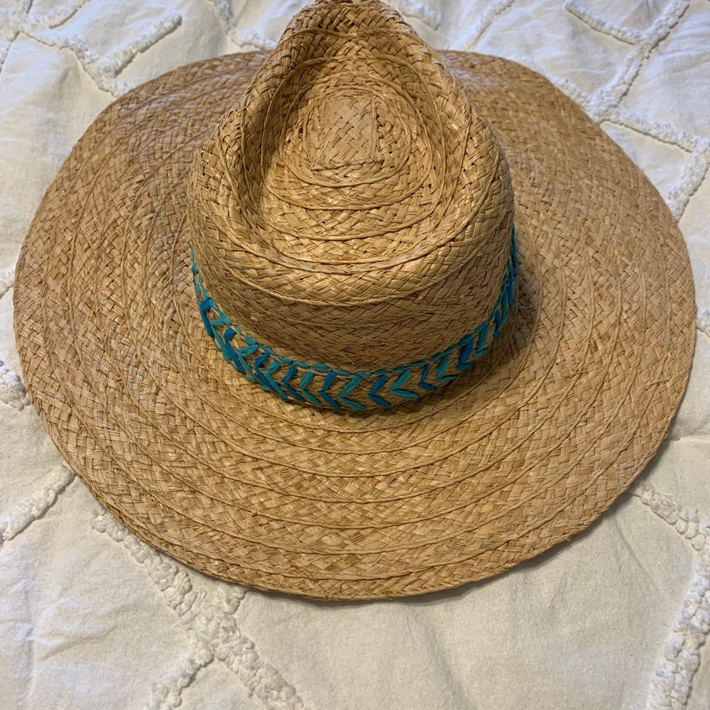 Talbots Tan and Blue Embroidered Raffia Straw Rancher Hat - Picture 2 of 5